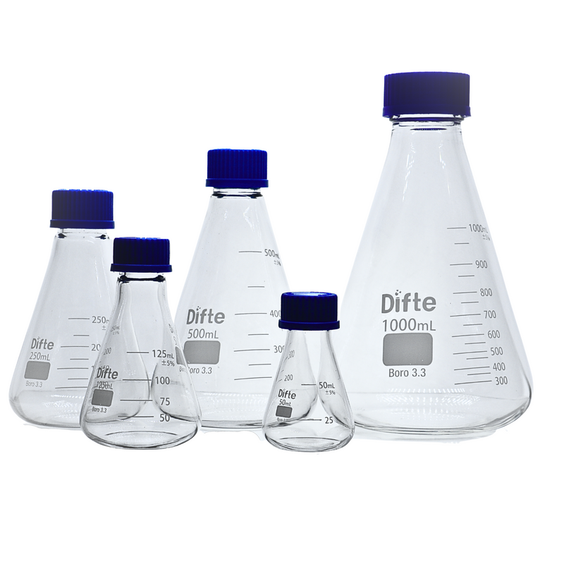 MATRAZ ERLENMEYER DE VIDRIO, CON TAPA ROSCADA GL 45, DE 500 ML.