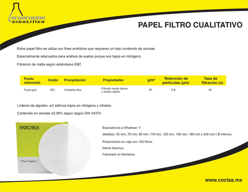 PAPEL FILTRO SARTORIUS GRADO 292 - EQUIVALENTE A WHATMAN 1. PK/100 PIEZAS DE 12.5 CMS.