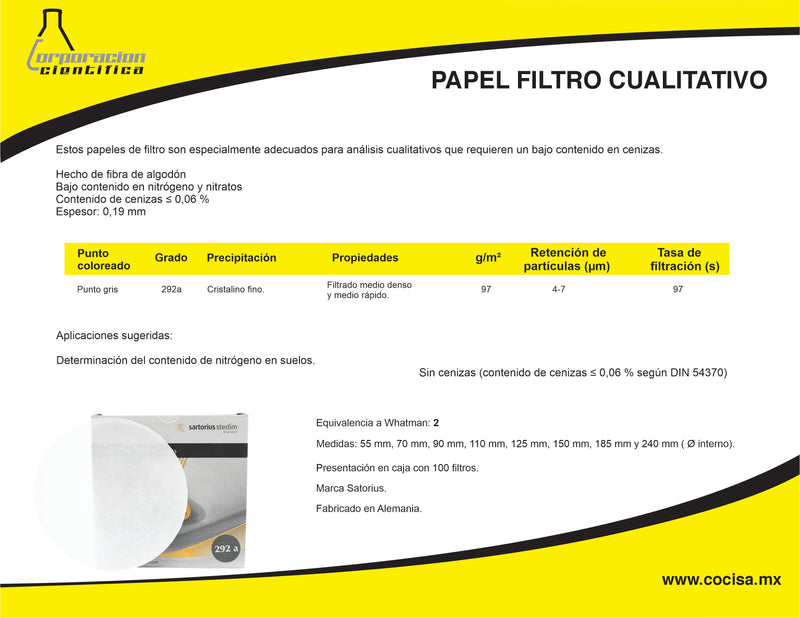PAPEL FILTRO SARTORIUS GRADO 292 A - EQUIVALENTE A WHATMAN 2. PK/100 PIEZAS DE 12.5 CMS.