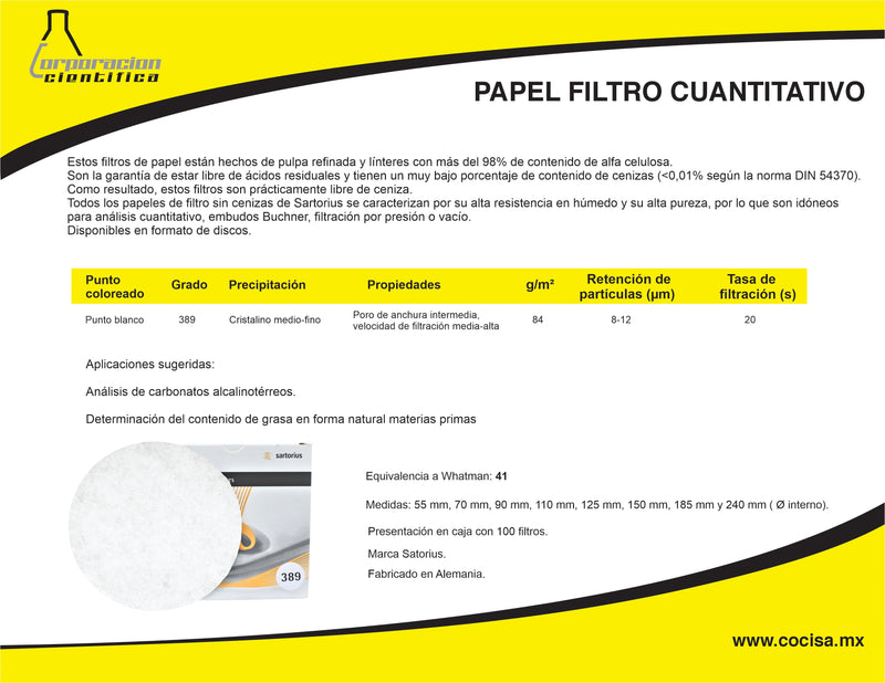 PAPEL FILTRO SARTORIUS GRADO 389 - EQUIVALENTE A WHATMAN 41. PK/100 PIEZAS DE 7 CMS.