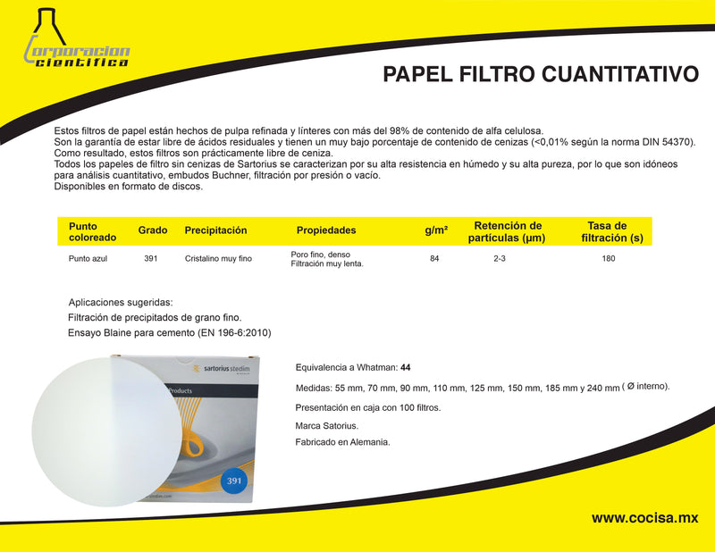 PAPEL FILTRO SARTORIUS GRADO 391 - EQUIVALENTE A WHATMAN 44. PK/100 PIEZAS DE 15 CMS.