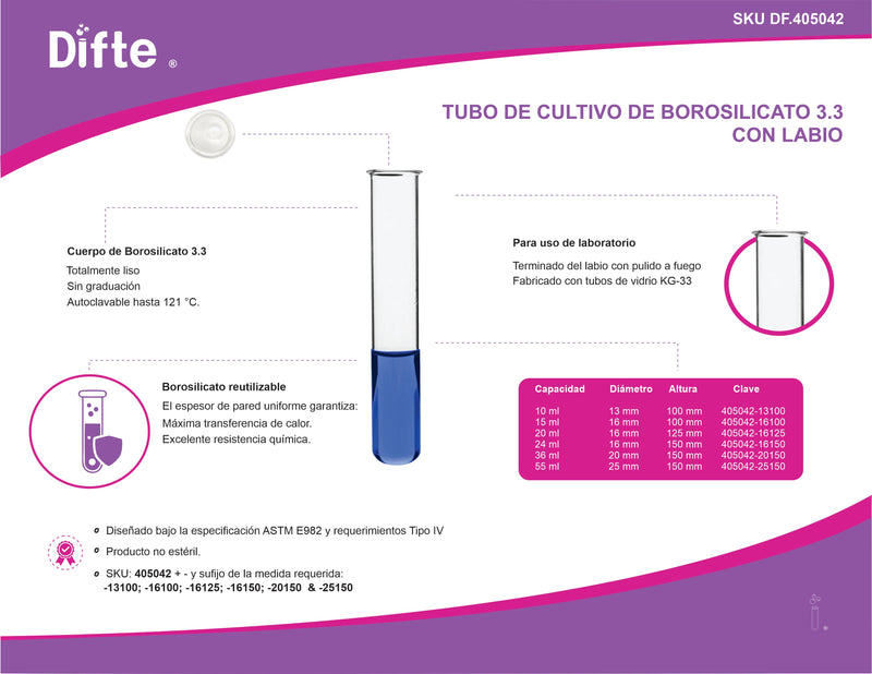 TUBO DE VIDRIO CON CON LABIO DE 16 X 100 MM.