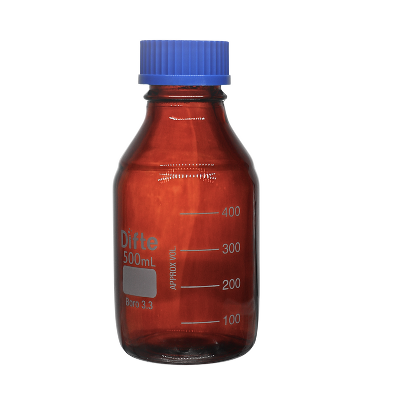 FRASCO DE ALMACENAJE AMBAR, DE VIDRIO, GRADUADO CON TAPA GL 45, DE 500 ML.