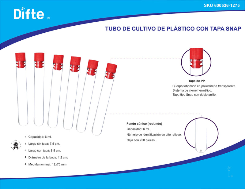 TUBO PLASTICO (PS) C/TAPON ROJO TIPO SNAP CAJA C/250 PZAS.
