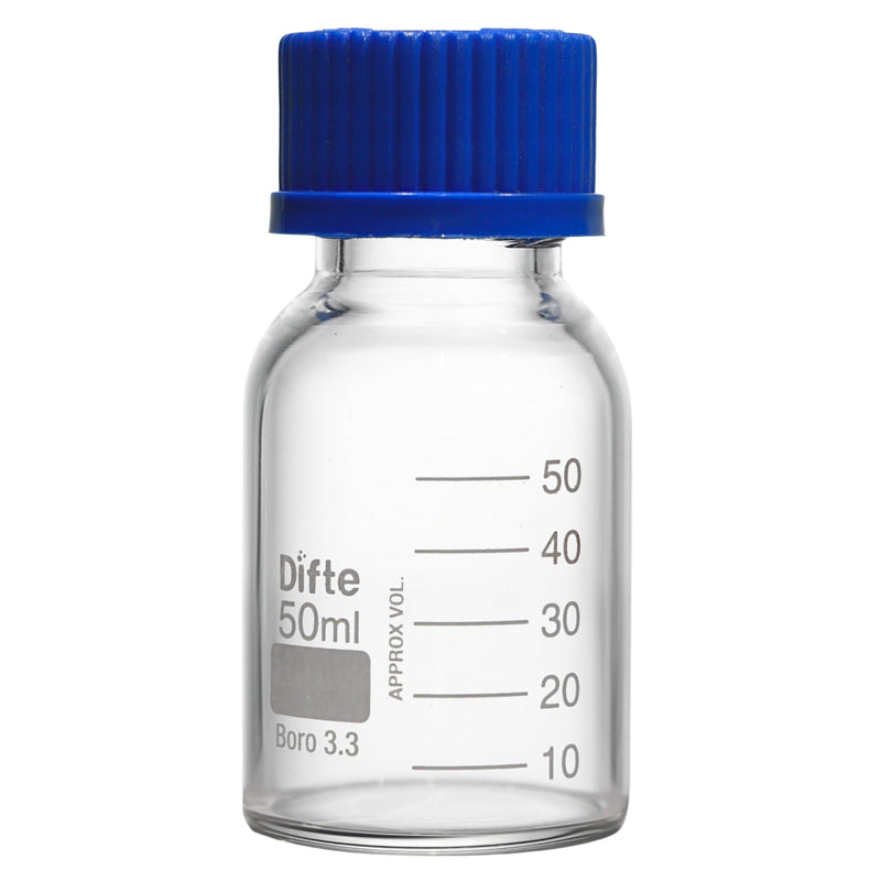 FRASCO DE ALMACENAJE GRADUADO CON TAPA GL 32, DE 50 ML.