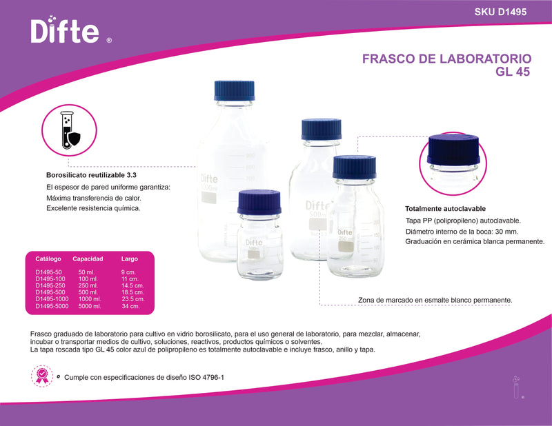 FRASCO DE ALMACENAJE GRADUADO CON TAPA GL 32, DE 50 ML.