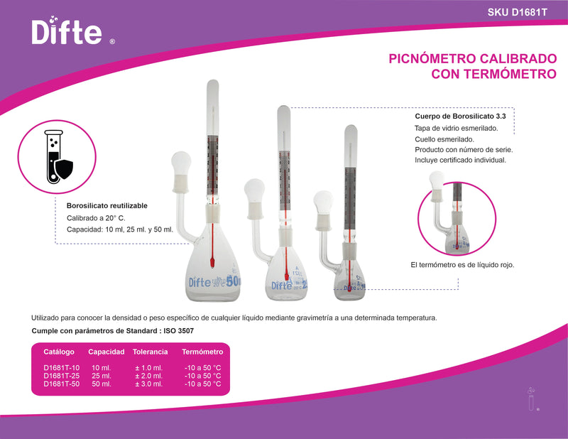 PICNOMETRO CON TERMOMETRO LIQUIDO ROJO DE 50 ML