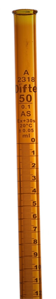 BURETA DE VIDRIO AMBAR CLASE "A" CON LLAVE DE TEFLON, DE 50 ML.