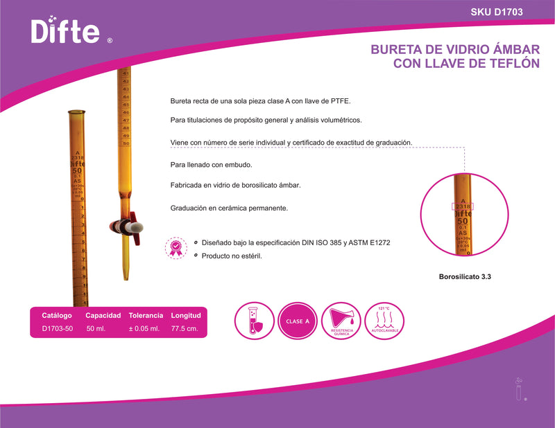 BURETA DE VIDRIO AMBAR CLASE "A" CON LLAVE DE TEFLON, DE 50 ML.