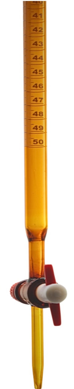BURETA DE VIDRIO AMBAR CLASE "A" CON LLAVE DE TEFLON, DE 50 ML.