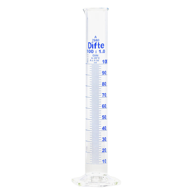 PROBETA DE VIDRIO COMPLETA CON BASE HEXAGONAL DE 100 ML.