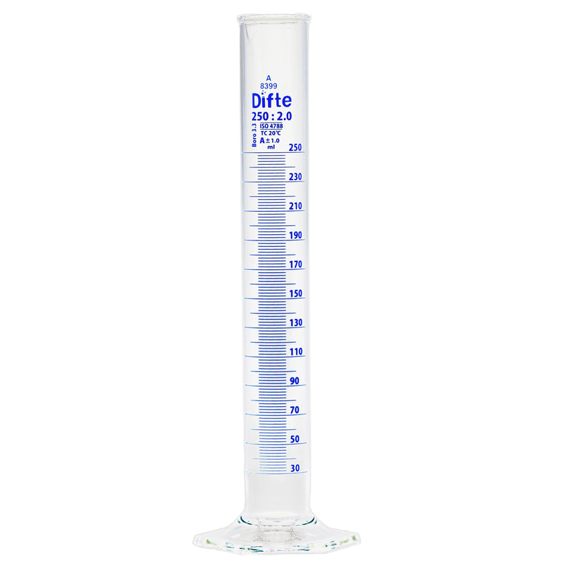 PROBETA DE VIDRIO COMPLETA CON BASE HEXAGONAL DE 250 ML.