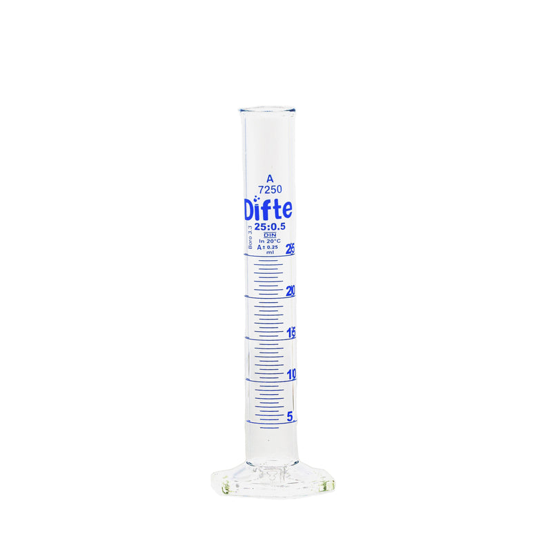PROBETA DE VIDRIO COMPLETA CON BASE HEXAGONAL DE 25 ML.