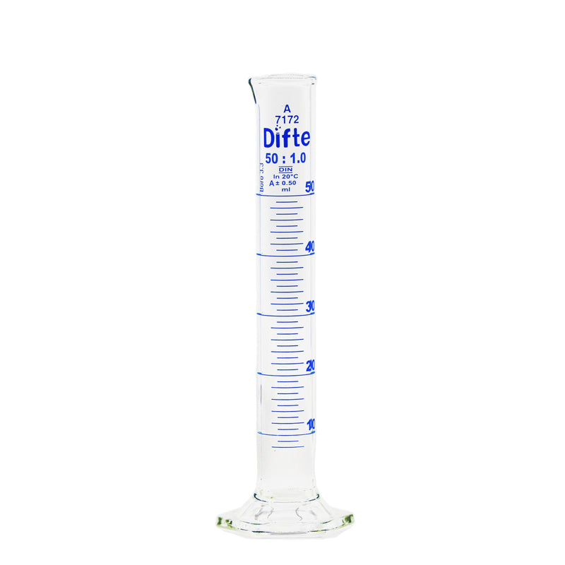 PROBETA DE VIDRIO COMPLETA CON BASE HEXAGONAL DE 50 ML.