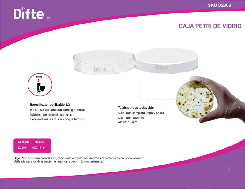 CAJA PETRI DE VIDRIO COMPLETA DE 100 X 15 MM.