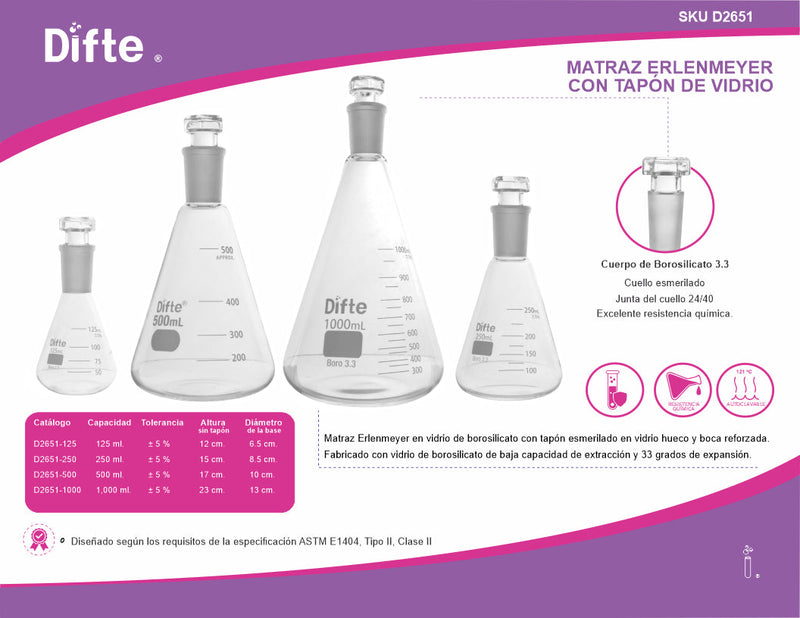 MATRAZ ERLENMEYER DE VIDRIO, CON TAPÓN ESMERILADO, JUNTA 24/40 1000 ML