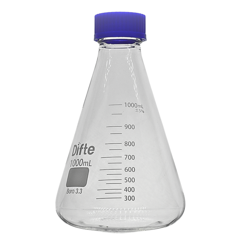 MATRAZ ERLENMEYER DE VIDRIO, CON TAPA ROSCADA GL 45, DE 1,000 ML.