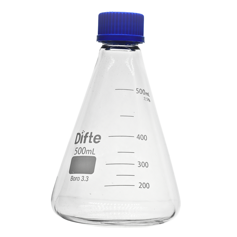 MATRAZ ERLENMEYER DE VIDRIO, CON TAPA ROSCADA GL 45, DE 500 ML.