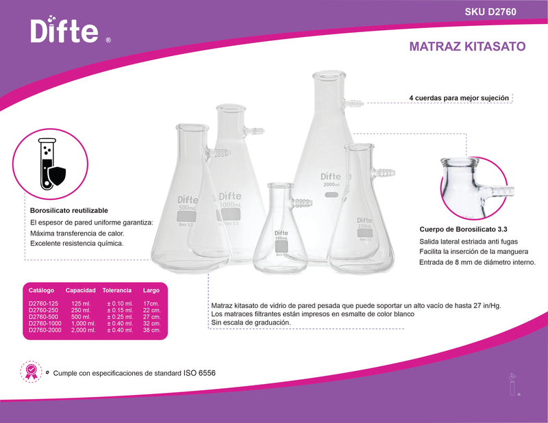 MATRAZ DE FILTRACION DE VIDRIO, (KITAZATO) REFORZADO DE 500 ML.