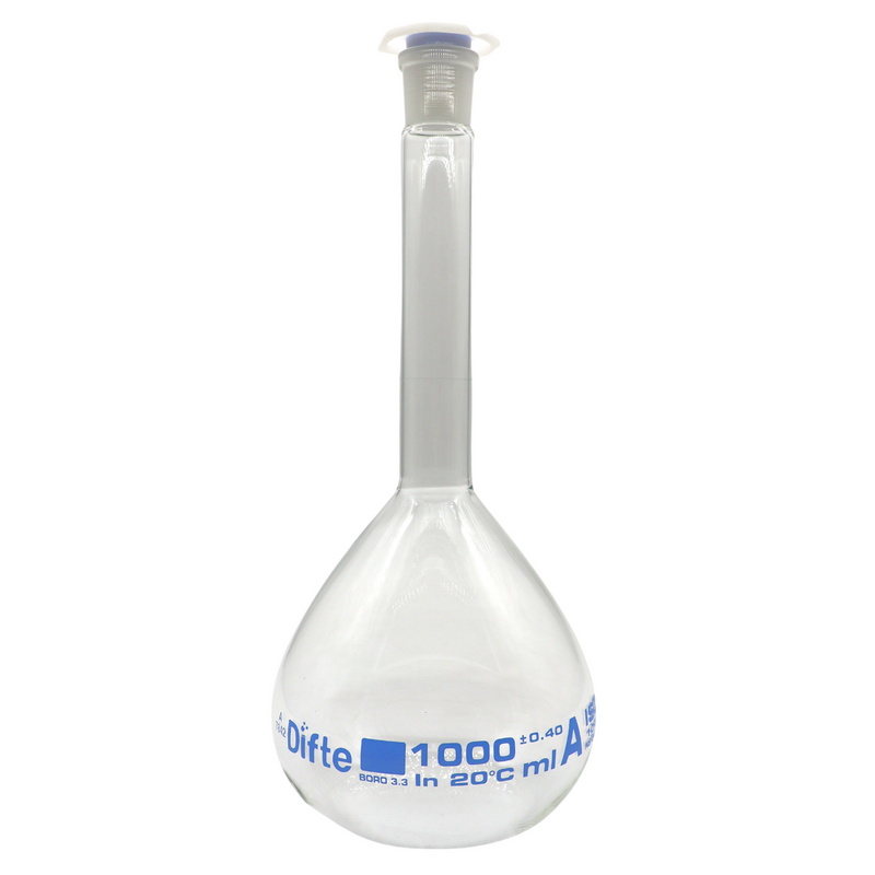 MATRAZ VOLUMETRICO CLASE "A", DE VIDRIO C/TAPON DE "PE" DE 1,000 ML.