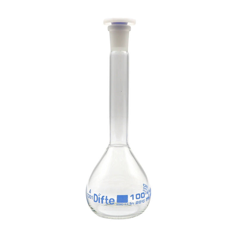 MATRAZ VOLUMETRICO CLASE "A", DE VIDRIO C/TAPON DE "PE" DE 100 ML.