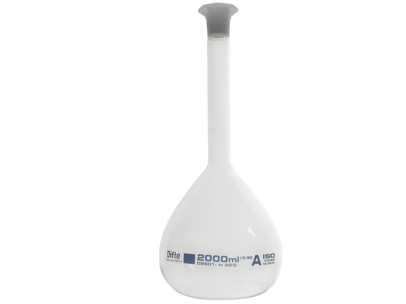 MATRAZ VOLUMETRICO CLASE "A", DE VIDRIO C/TAPON DE "PE" DE 2000 ML.