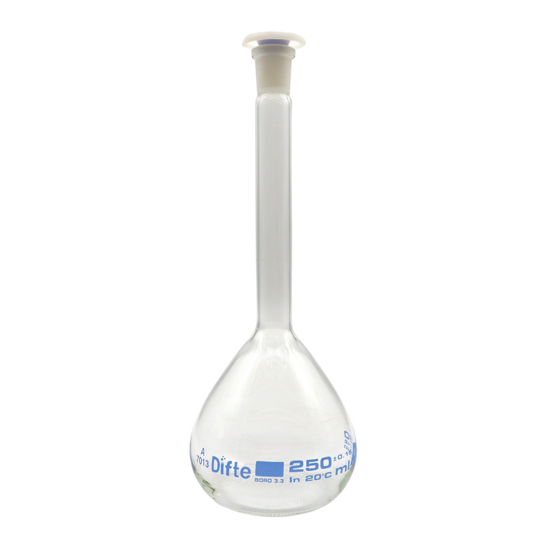 MATRAZ VOLUMETRICO CLASE "A", DE VIDRIO C/TAPON DE "PE" DE 250 ML.