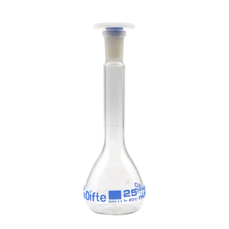 MATRAZ VOLUMETRICO CLASE "A", DE VIDRIO C/TAPON DE "PE" DE 25 ML.