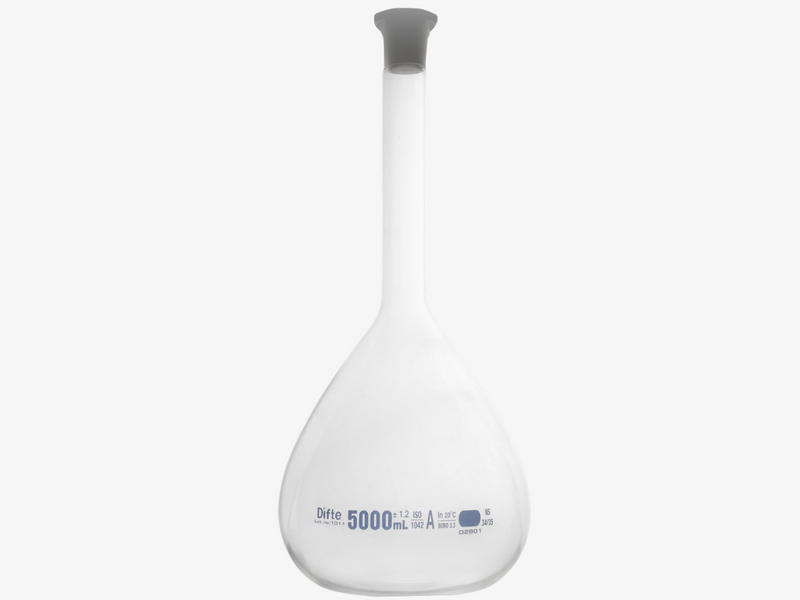 MATRAZ VOLUMETRICO CLASE "A", DE VIDRIO C/TAPON DE "PE" DE 5000 ML.