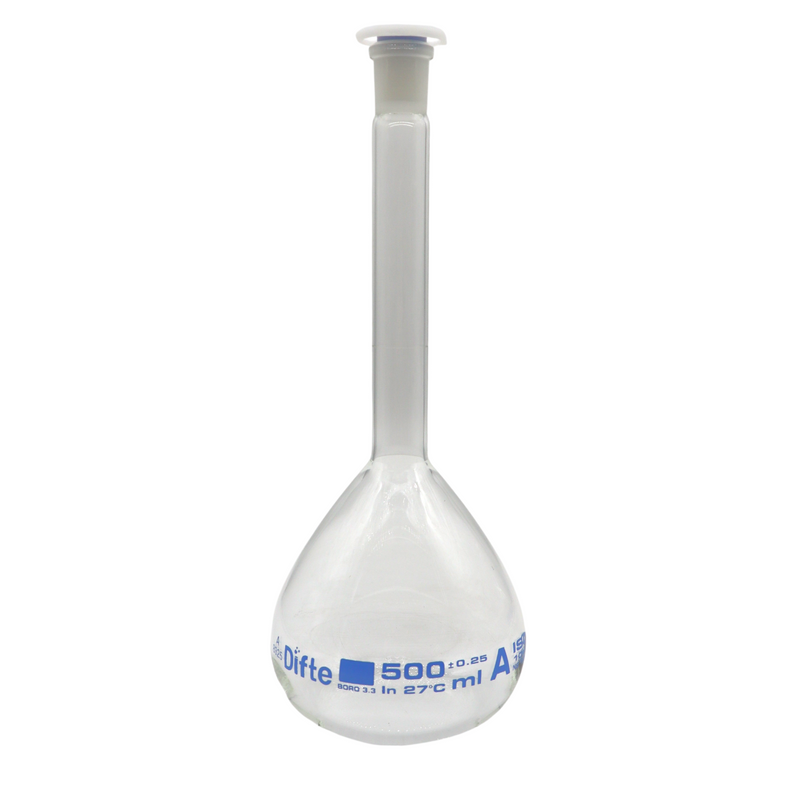 MATRAZ VOLUMETRICO CLASE "A", DE VIDRIO C/TAPON DE "PE" DE 500 ML.