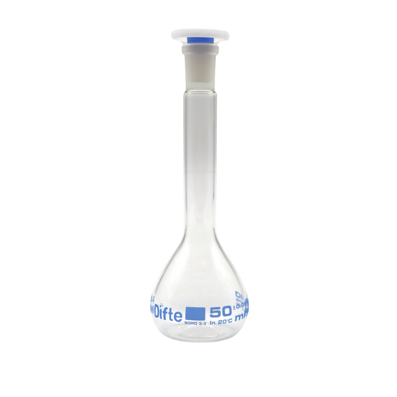MATRAZ VOLUMETRICO CLASE "A", DE VIDRIO C/TAPON DE "PE" DE 50 ML.