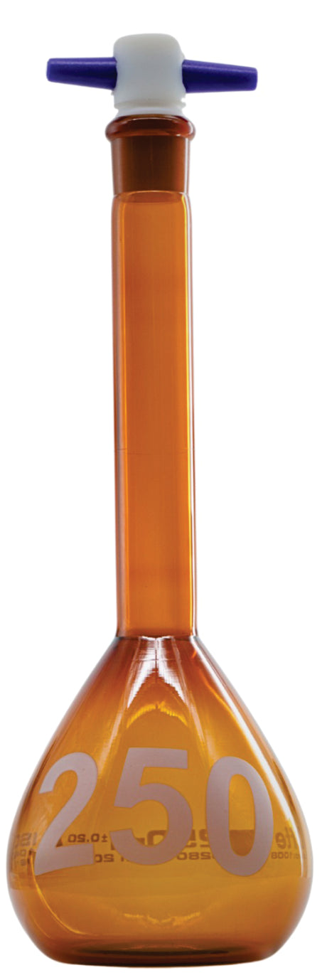 MATRAZ VOLUMETRICO AMBAR CALSE "A" TAPON PTFE DE 250 ML