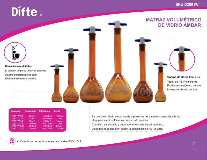 MATRAZ VOLUMETRICO AMBAR CALSE "A" TAPON PTFE DE 50 ML