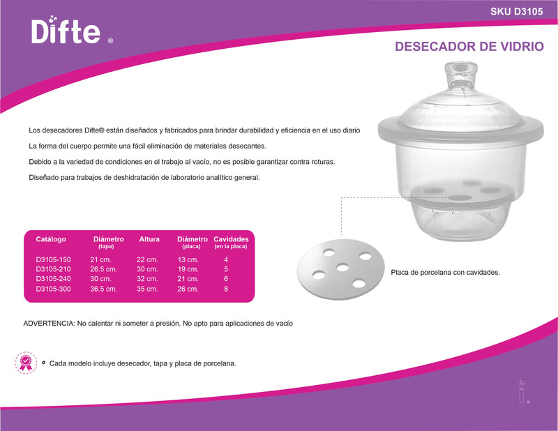DESECADOR DE VIDRIO CON TAPA DE 240 MM DE DIAMETRO