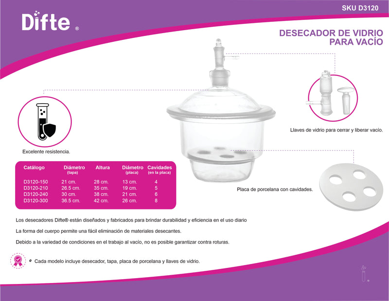 DESECADOR DE VIDRIO PARA VACIO DE 210 MM DE DIAMETRO