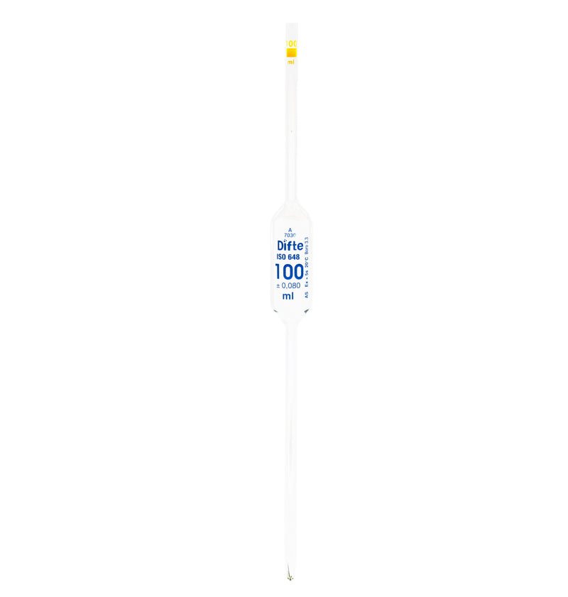 PIPETA VOLUMETRICA DE VIDRIO CLASE "A" DE 100 ML.
