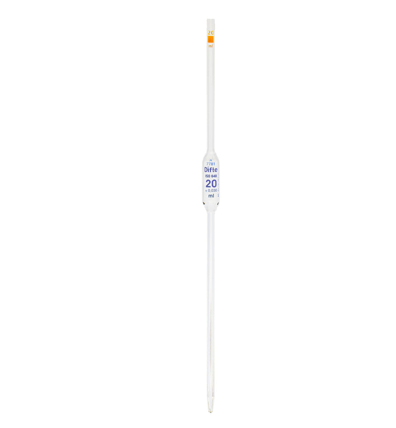PIPETA VOLUMETRICA DE VIDRIO CLASE "A" DE 20 ML.