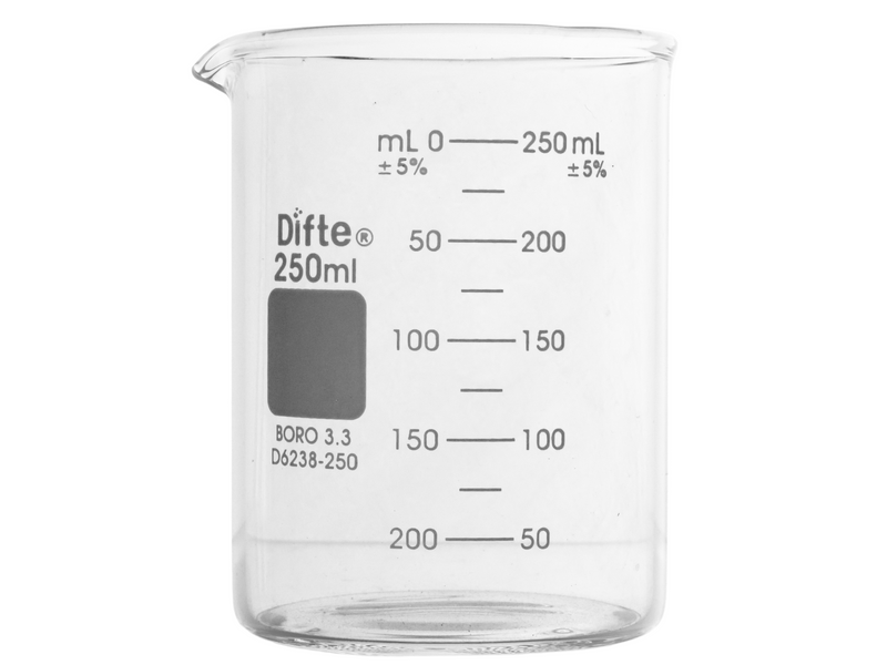 VASO DE PRECIPITADO DE VIDRIO, "REFORZADO" GRADUADO FORMA BAJA DE 250 ML.