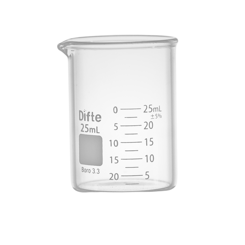 VASO DE PRECIPITADO DE VIDRIO, "REFORZADO" GRADUADO FORMA BAJA DE 25 ML.