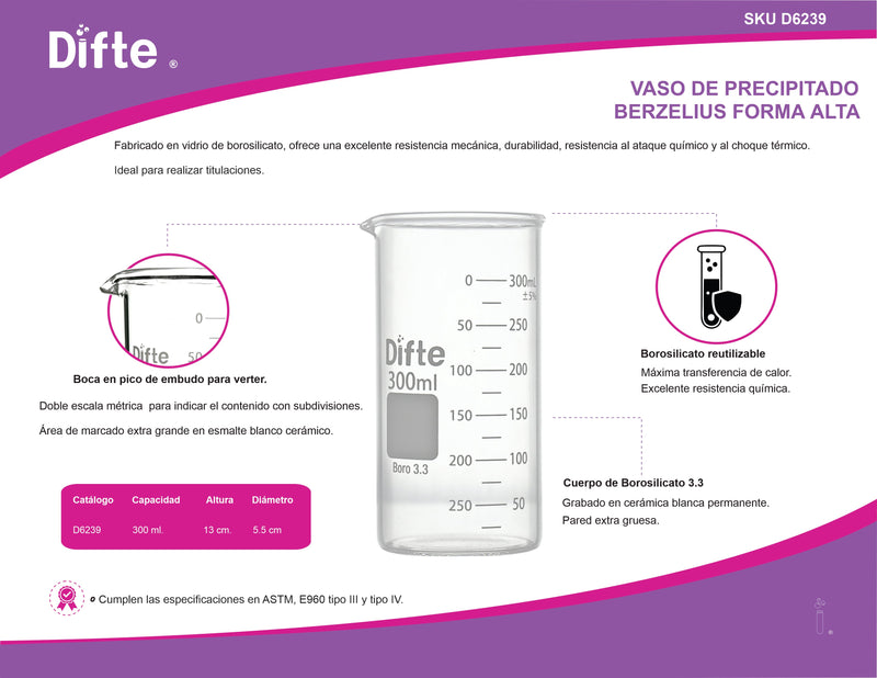 VASO DE PRECIPITADO FORMA ALTA (BERZELIUS) CON VERTEDERO DE 300 ML.