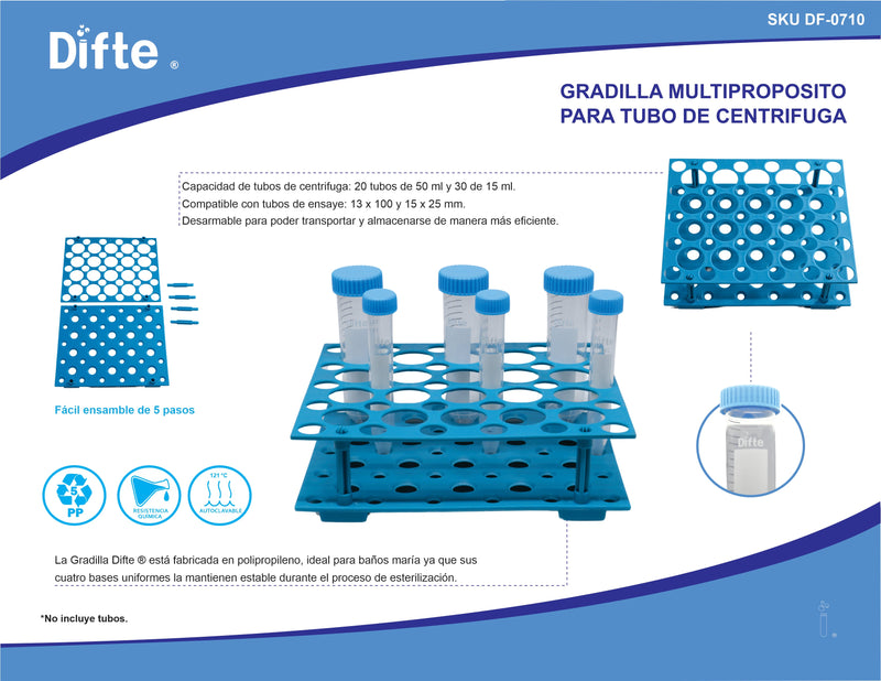 GRADILLA DE PLASTICO (PP) PARA TUBOS DE CENTRIFUGA, 30 TUBOS DE 15 ML. Y/O 20 TUBOS DE 50 ML.