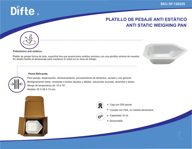 PLATILLO P/PESAJE ANTIESTATICO PUNTA DE BOTE, DE 53 X 38 X 13 MM. (15 ML). BLANCO CHICO. PK/250