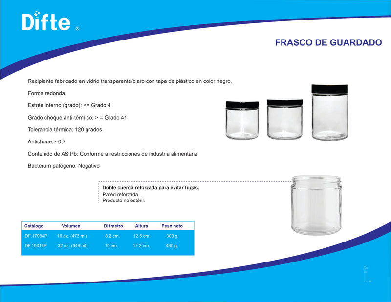 FRASCO DE GUARDADO  DE VIDRIO CON TAPA DE 32 OZ (946 ML)