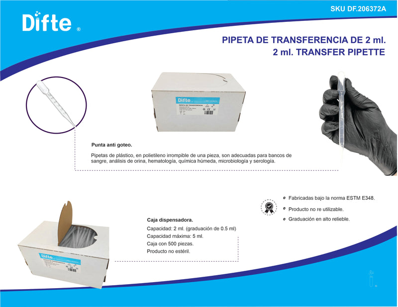 PIPETA DE TRANSFERENCIA PLASTICO NO ESTERIL 2/5 ML. PK/500