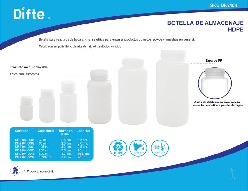 BOTELLA DE ALMACENAJE, (HDPE) BOCA ANCHA CON TAPA ROSCADA DE 125 ML.