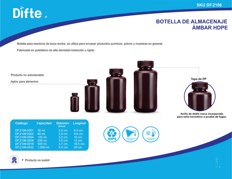BOTELLA DE ALMACENAJE, (HDPE) AMBAR, BOCA ANCHA DE 1000 ML.