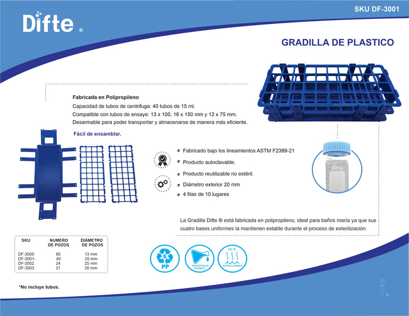 GRADILLA ARMABLE PARA 40 TUBOS DE 20 MM. (AZUL)