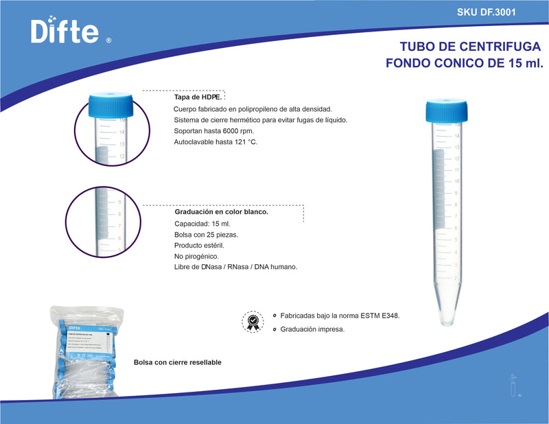 TUBO DE CENTRIFUGA CON TAPA ROSCADA Y GRADUADO DE 15 ML PK/25 PIEZAS.
