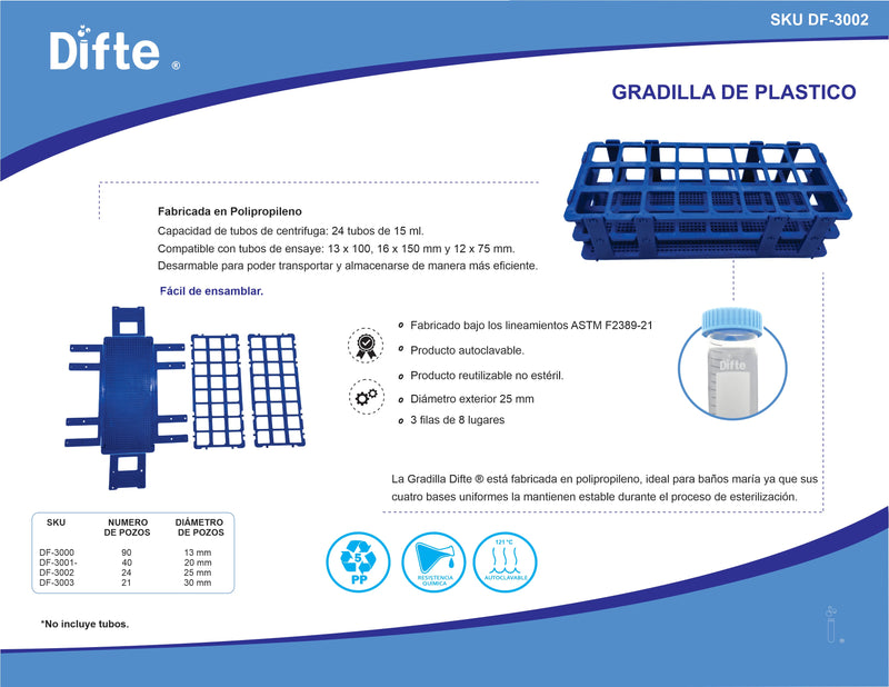 GRADILLA ARMABLE PARA 24 TUBOS DE 25 MM. (AZUL)