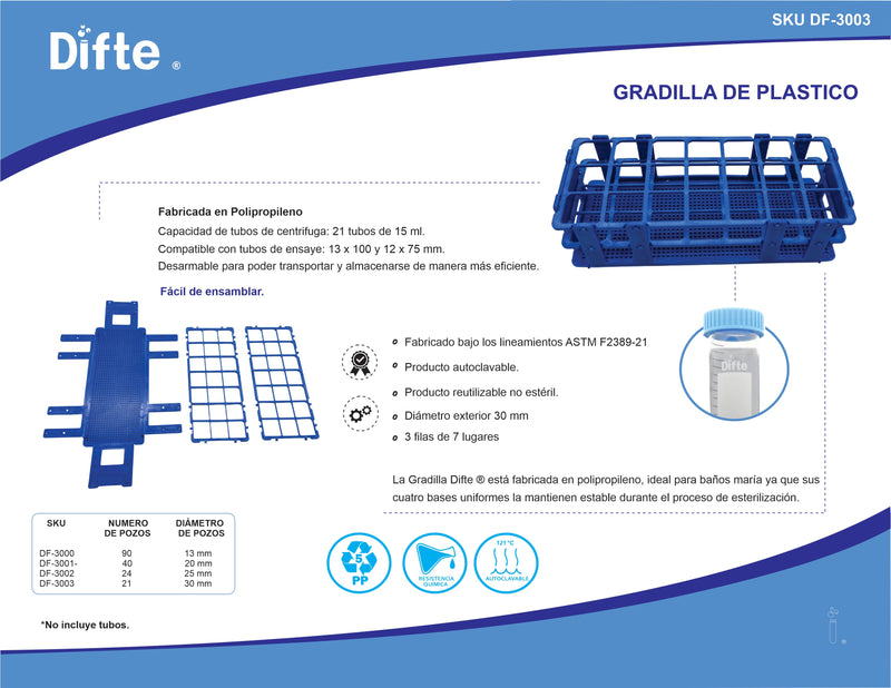 GRADILLA ARMABLE PARA 21 TUBOS DE 30 MM. (AZUL)